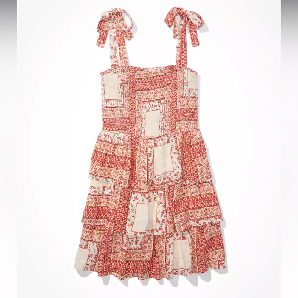American Eagle Printed Red & White Patchwork Tiered Smocked Mini Dress
